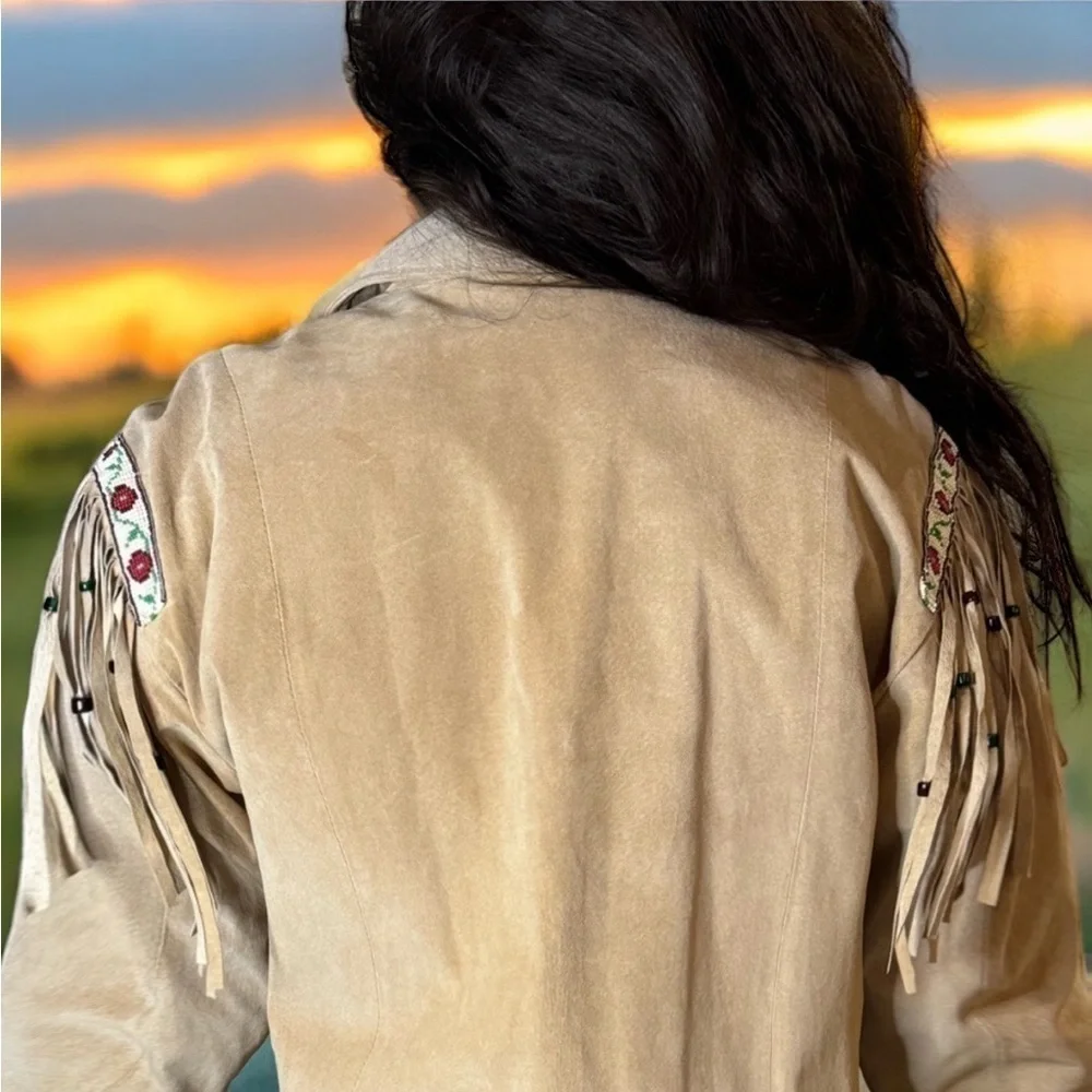 Double D Ranch vintage Beaded Fringe Suede Leather “Telling Stories” Jacket - Picture 8 of 16